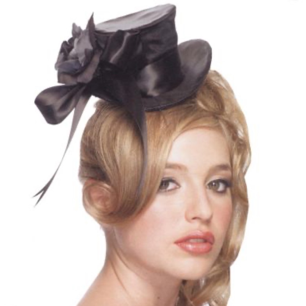 NIB LEG AVENUE Black Satin Top Hat With Flowers And Bow